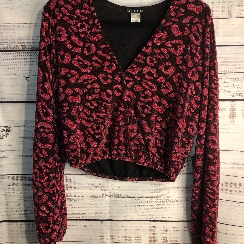 VENUS Black and pink Wrap Crop Blouse with Long Sleeves